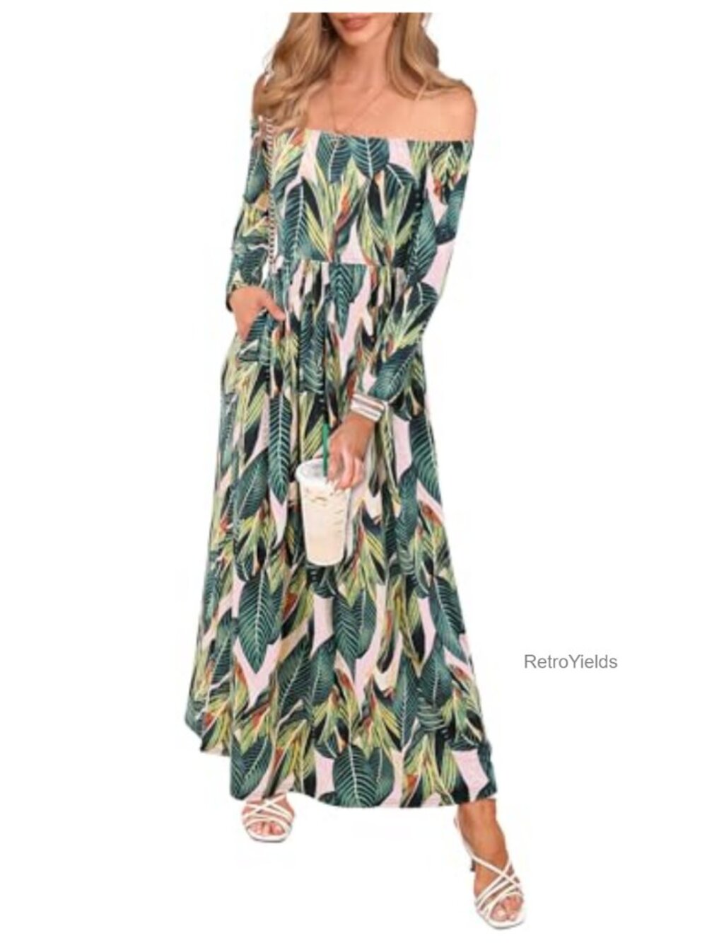 Women's Long Sleeve Off Shoulder Maxi Dress with Pockets Flowy Casual Loose
